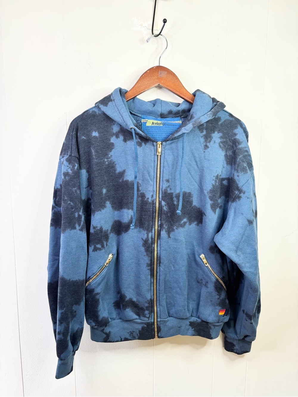 Aviator Nation tie dye hoodie full zip relaxed fit size SM blue black gold
